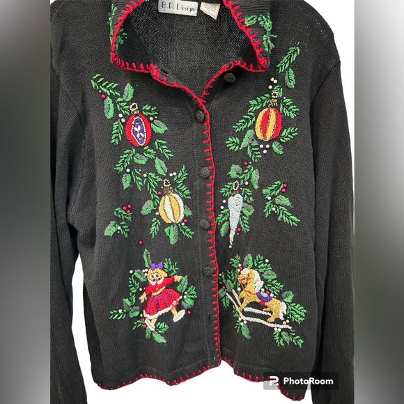B.P Design Size L Black W Embroidered Beaded Ornaments Cardigan Sweater - Picture 3 of 6